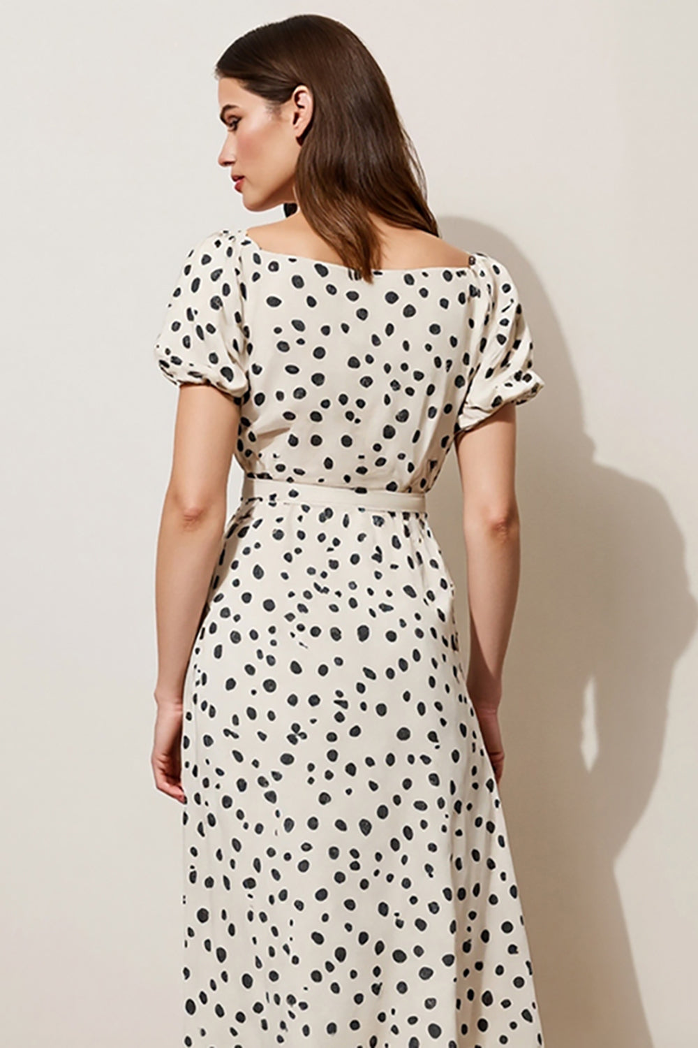 Black and White Polka Dots Boat Neck A Line Maxi Work Dress with Sleeves