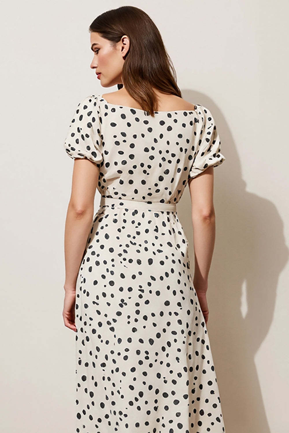 Black and White Polka Dots Boat Neck A Line Maxi Work Dress with Sleeves