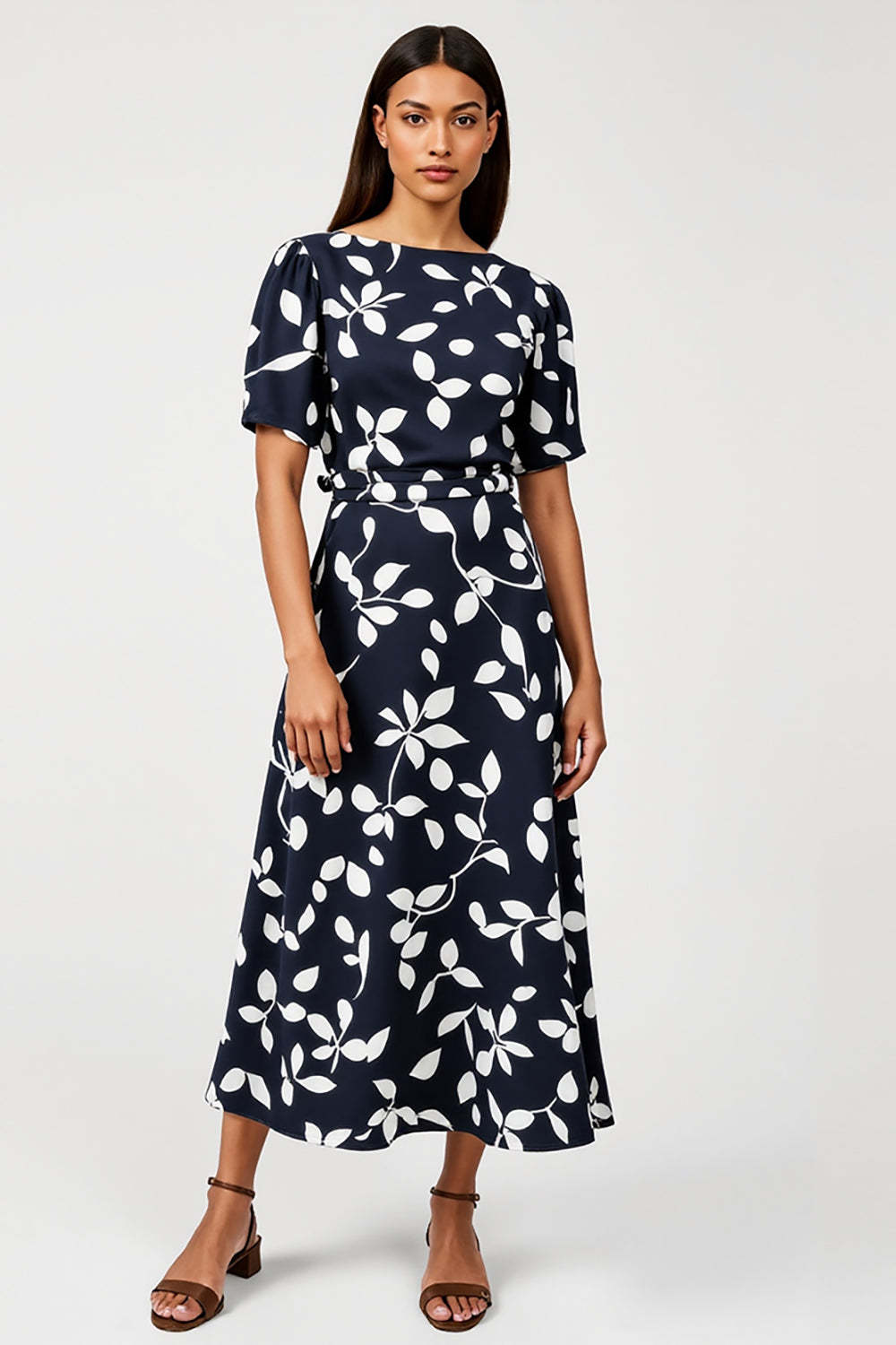 Leely Women Navy Printed A Line Maxi Work Dress Bateau Neck Short Sleeves Boho Dress