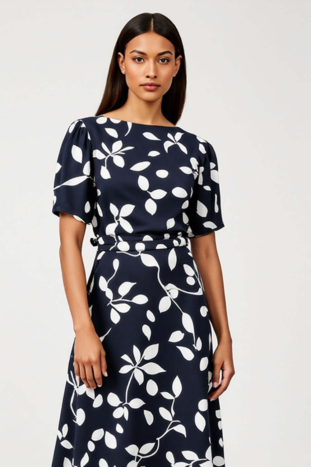 Navy A Line Boat Neck Short Sleeves Printed Maxi Work Dress