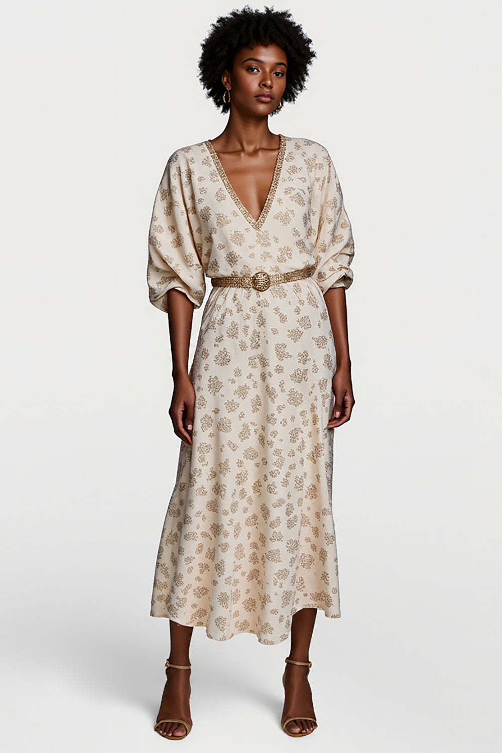 Leely Women Apricot Printed Maxi Work Dress with Belt Half Sleeves V-Neck Casual Dress