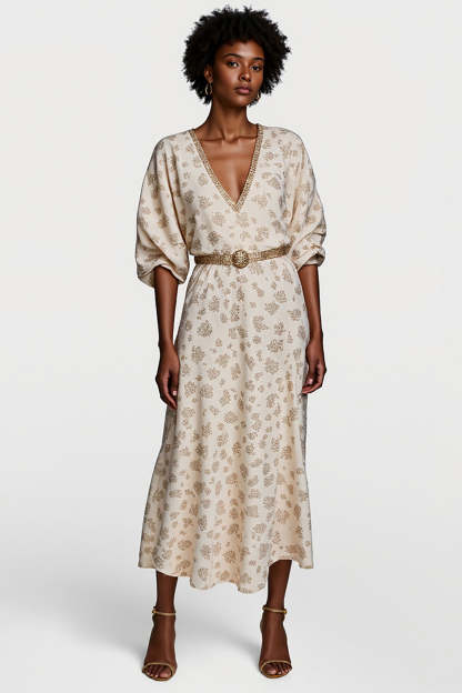 Leely Women Apricot Printed Maxi Work Dress with Belt Half Sleeves V-Neck Casual Dress