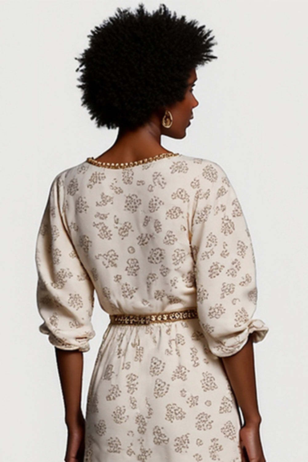 Apricot Half Sleeves V-Neck Maxi Printed Work Dress with Belt