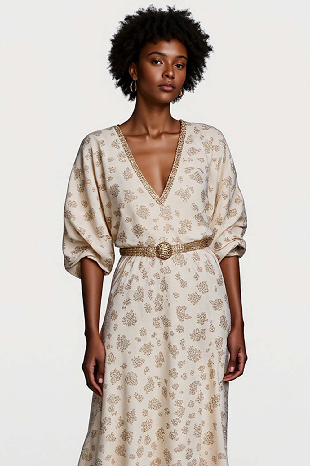 Apricot Half Sleeves V-Neck Maxi Printed Work Dress with Belt