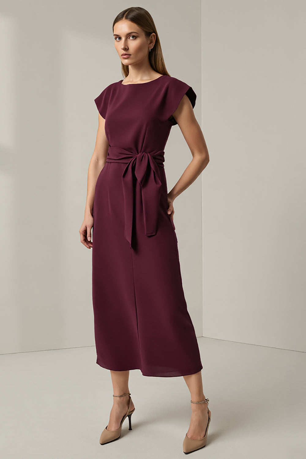 Pencil Long Dark Red Round Neck Work Dress with Sleeves