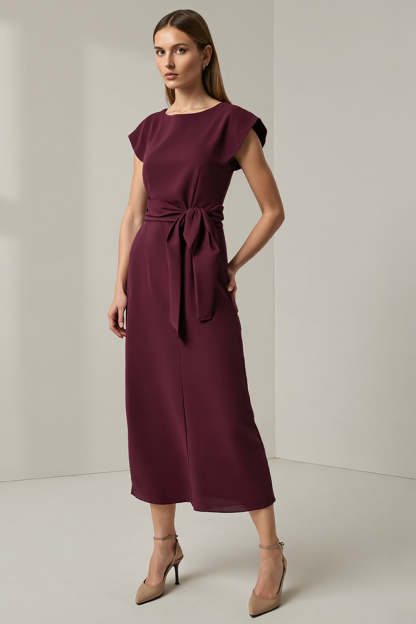 Leely Women Dark Red Pencil Long Work Dress with Sash Cap Sleeves Round Neck Interview Dress