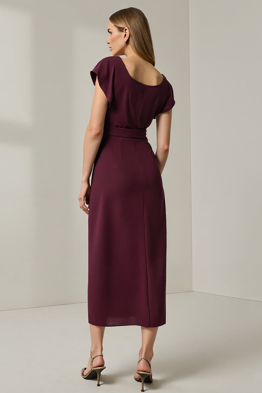Pencil Long Dark Red Round Neck Work Dress with Sleeves