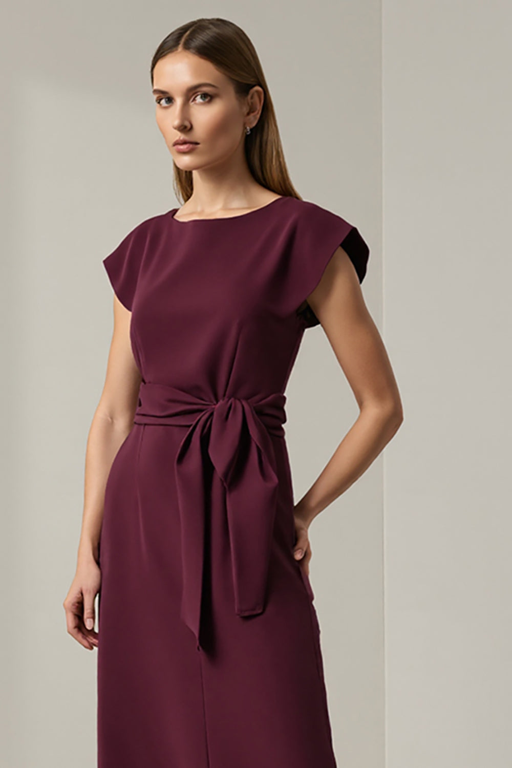 Pencil Long Dark Red Round Neck Work Dress with Sleeves