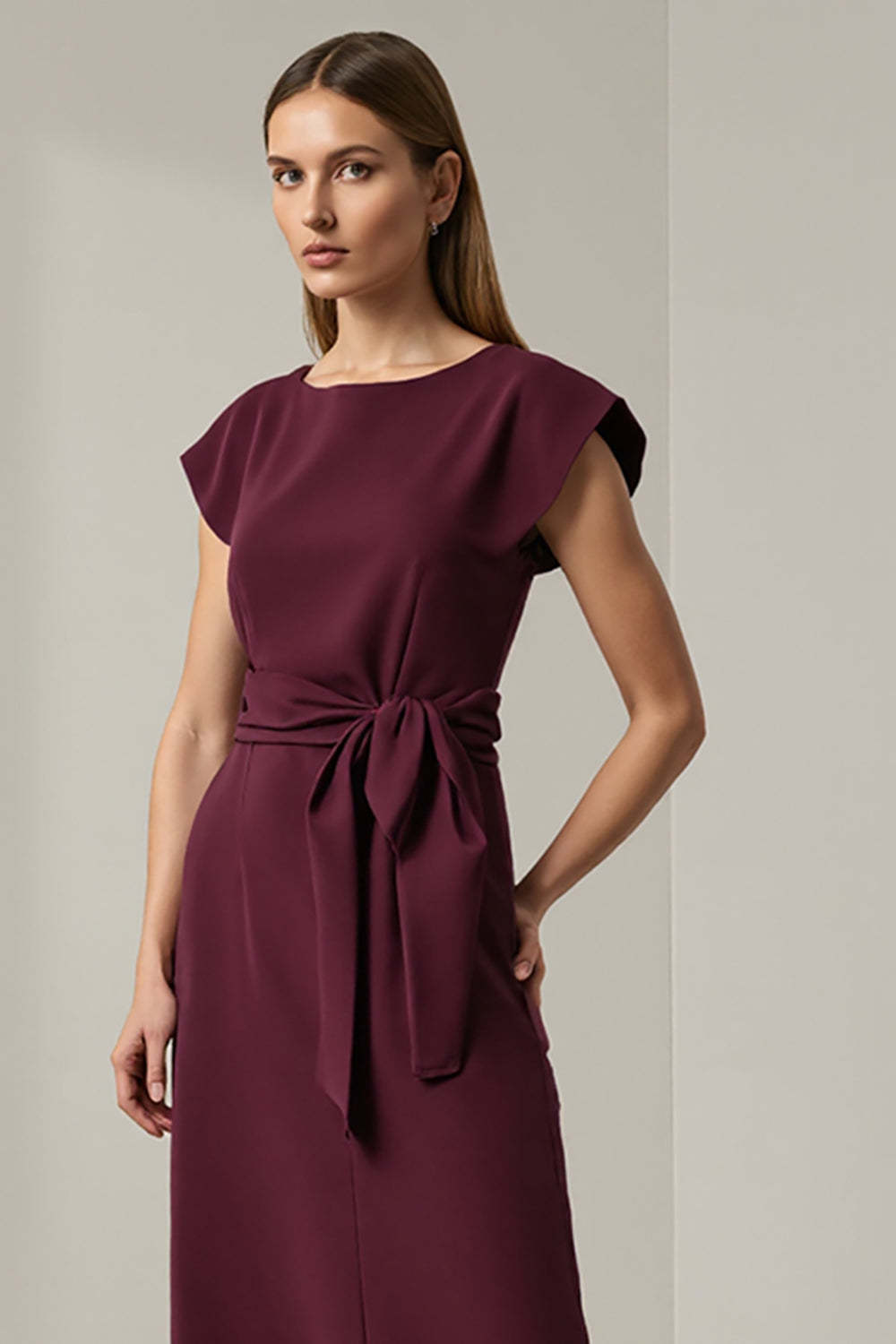Pencil Long Dark Red Round Neck Work Dress with Sleeves