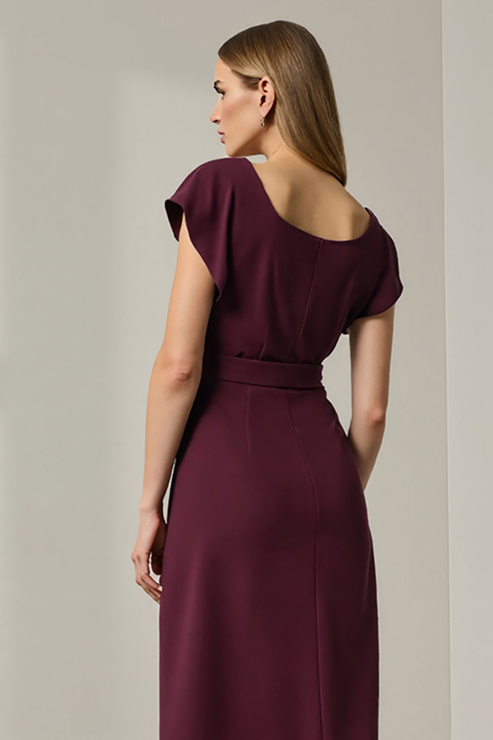 Pencil Long Dark Red Round Neck Work Dress with Sleeves
