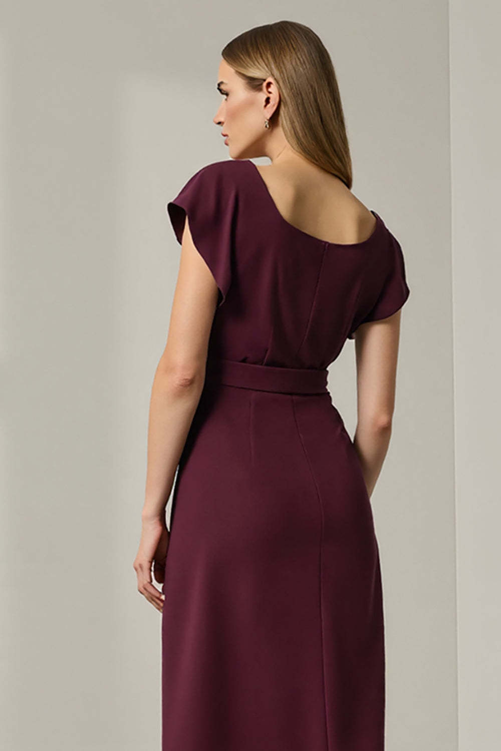 Pencil Long Dark Red Round Neck Work Dress with Sleeves