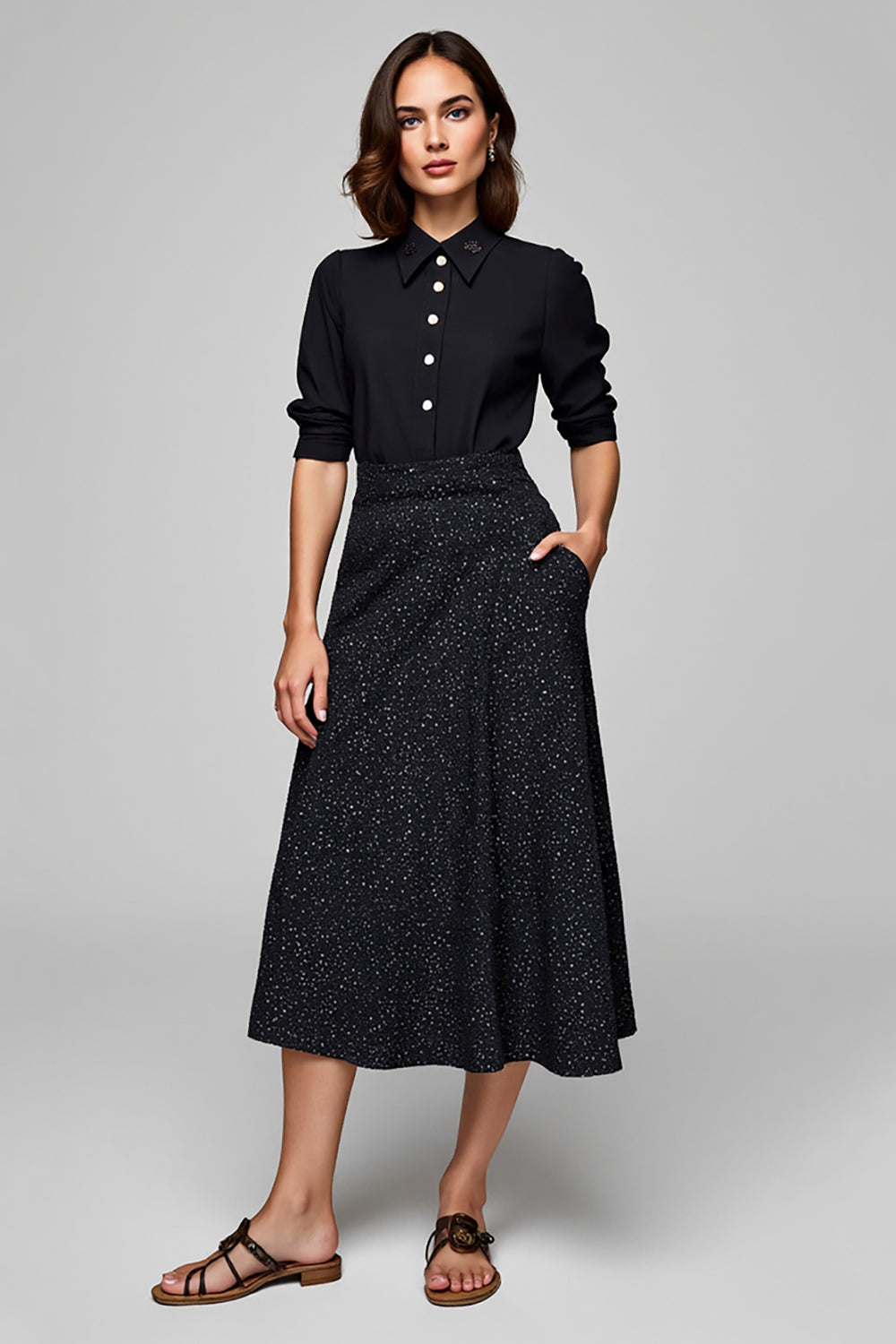 Sparkly 2 Piece Black Collar Neck A Line Blouses and Skirt with Pockets