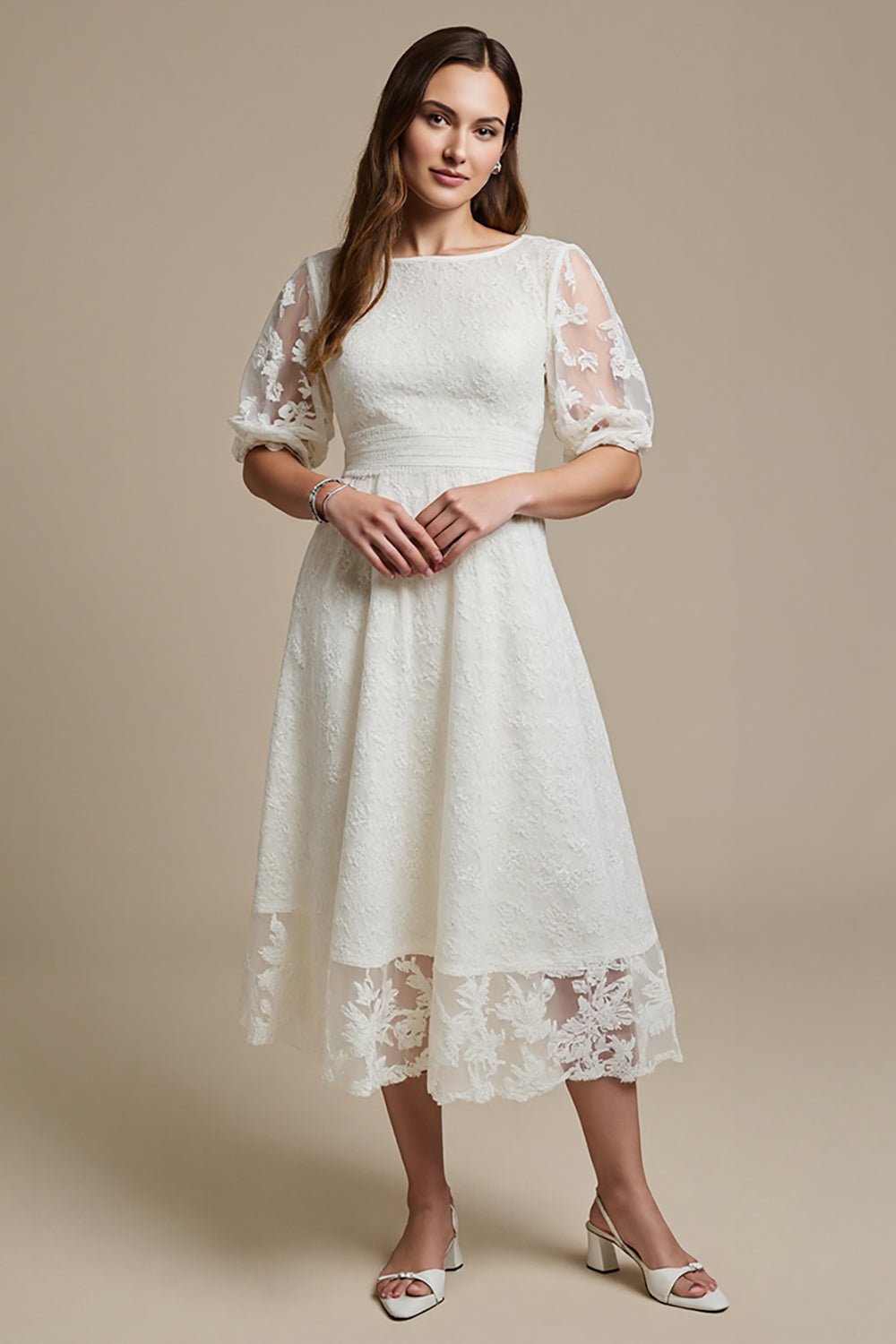 White Boat Neck A Line Midi Lace Work Dress with Sleeves
