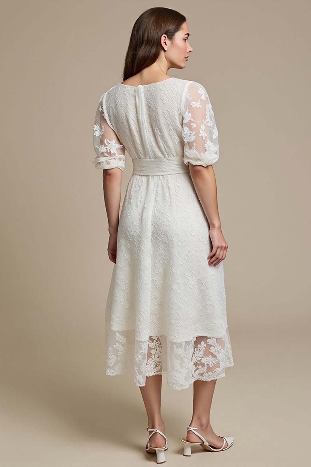 White Boat Neck A Line Midi Lace Work Dress with Sleeves