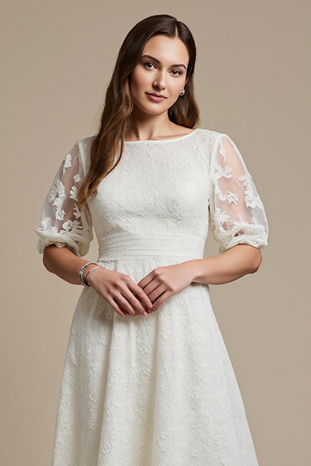 White Boat Neck A Line Midi Lace Work Dress with Sleeves