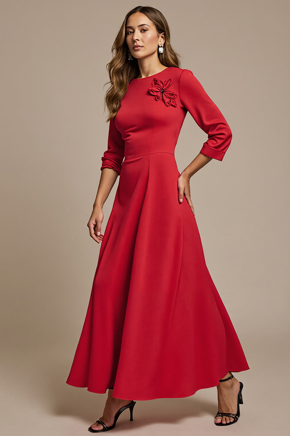 Maxi Red Boat Neck A Line Work Dress with 3D Flowers