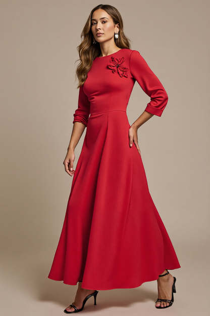 Leely Women Red Satin Maxi Work Dress Floral Boat Neck A Line Interview Dress with Sleeves