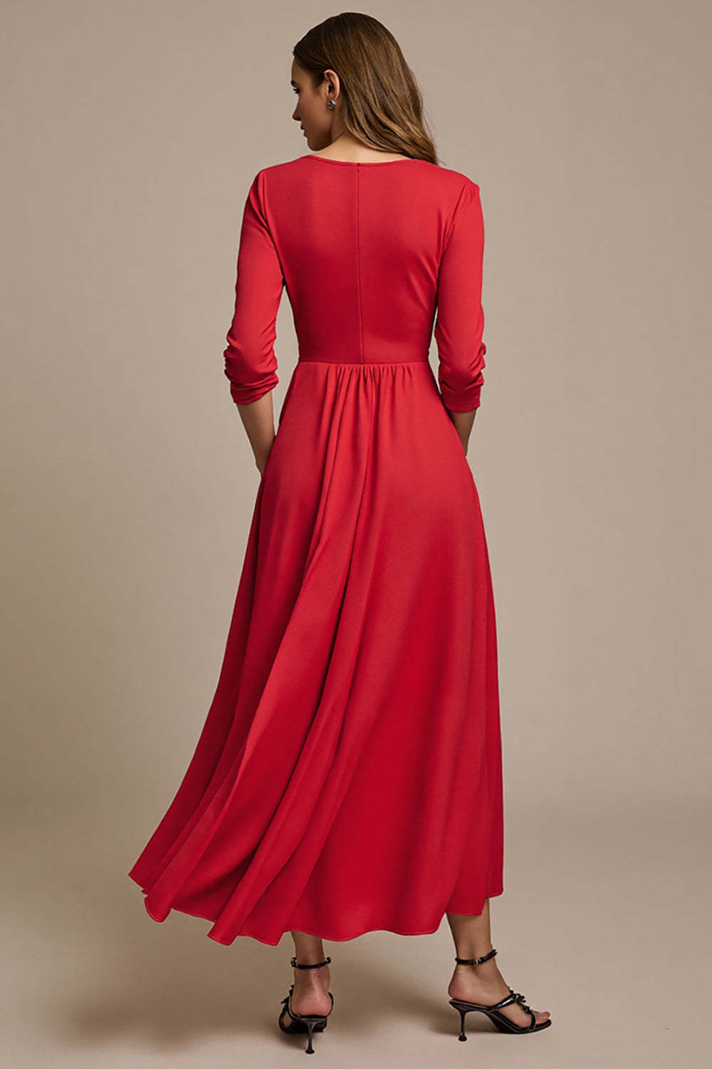 Maxi Red Boat Neck A Line Work Dress with 3D Flowers