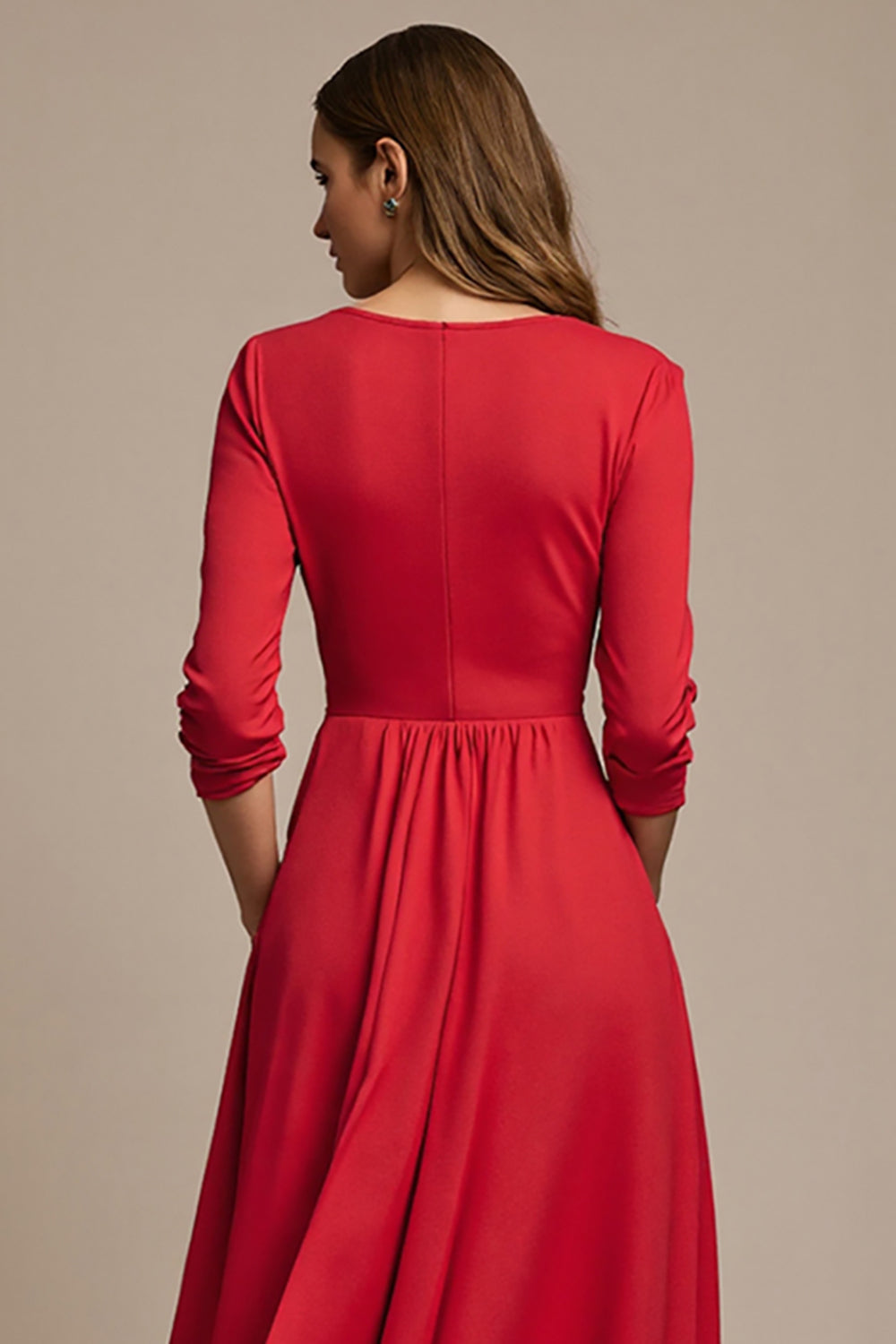Maxi Red Boat Neck A Line Work Dress with 3D Flowers