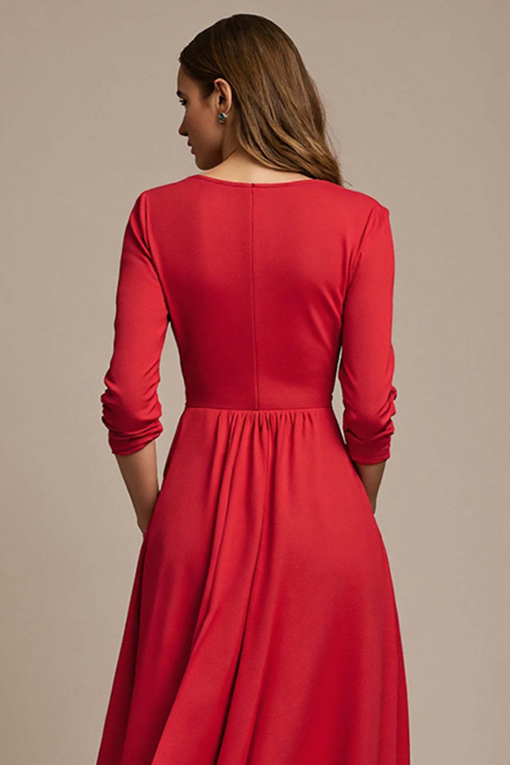 Maxi Red Boat Neck A Line Work Dress with 3D Flowers