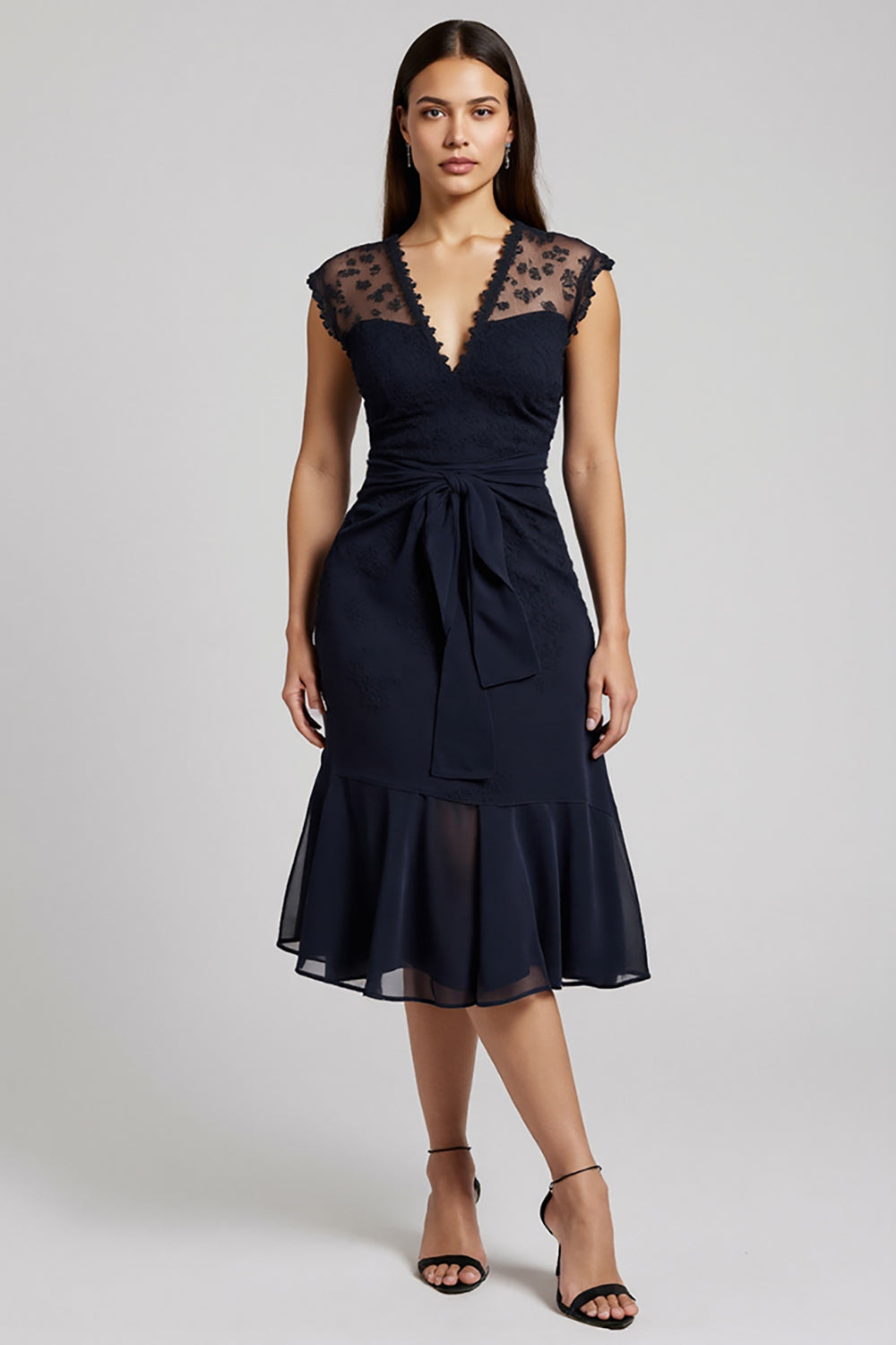 Navy V-Neck Short Chiffon Ruffled Work Dress with Sash
