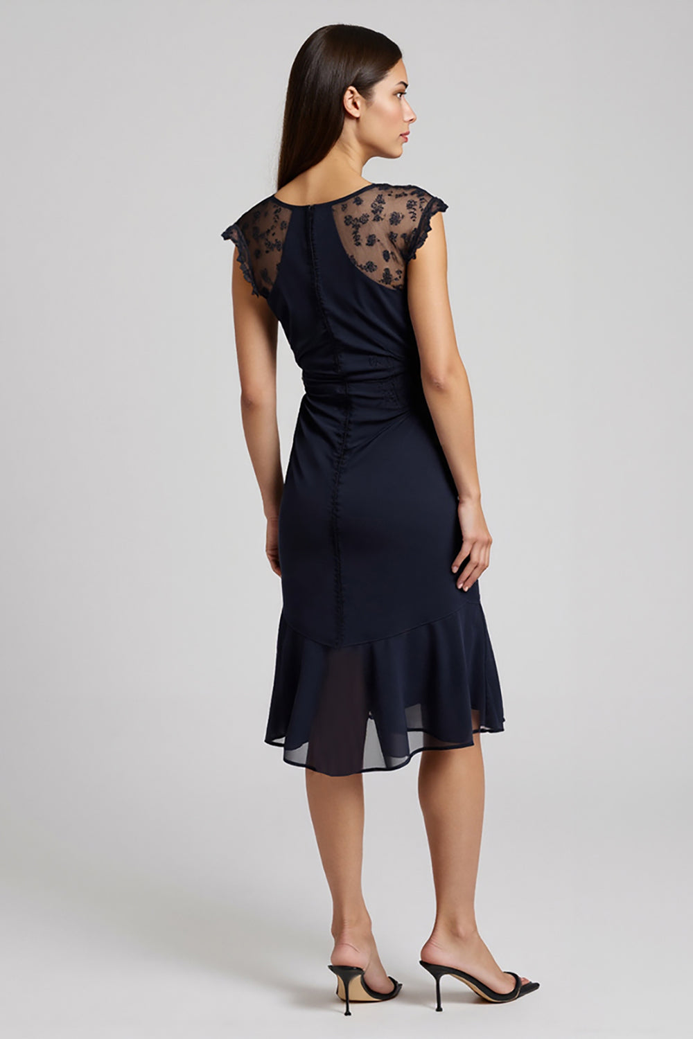 Navy V-Neck Short Chiffon Ruffled Work Dress with Sash