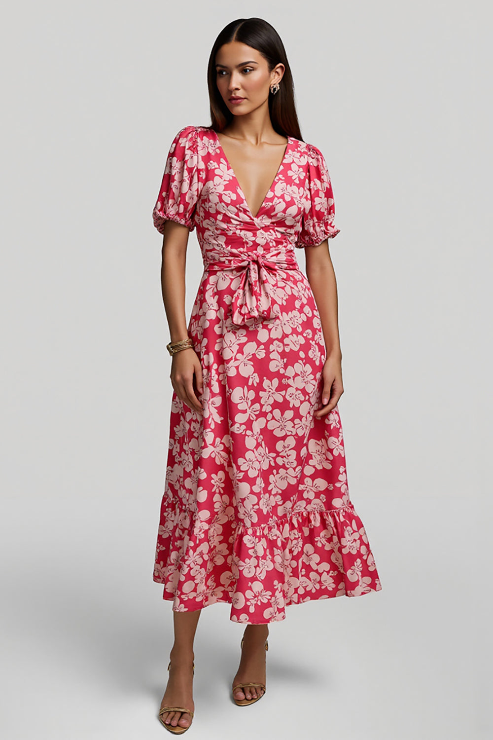 Red V-Neck A Line Maxi Floral Work Dress with Sleeves