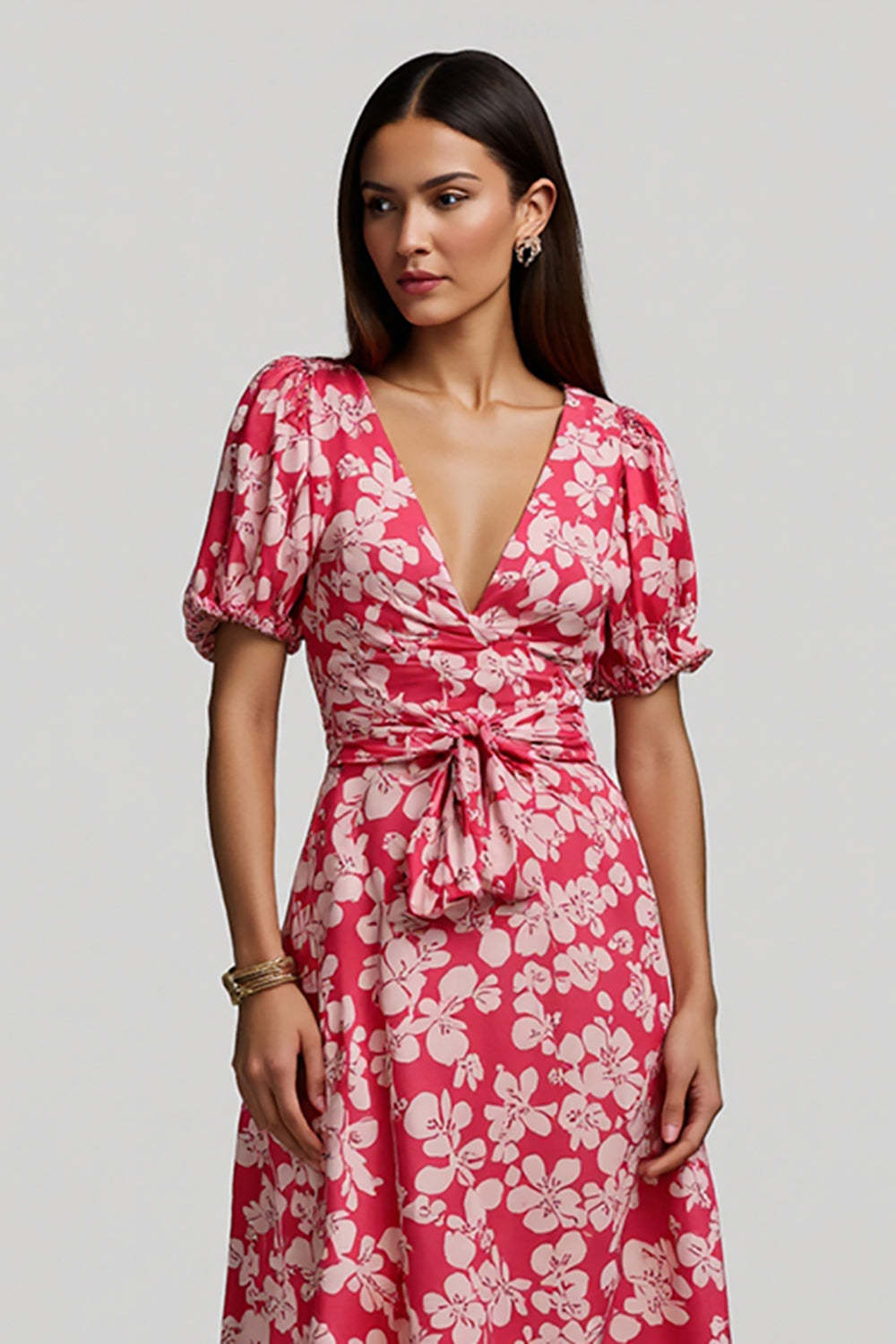 Red V-Neck A Line Maxi Floral Work Dress with Sleeves