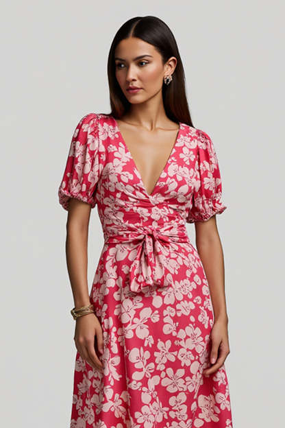 Red V-Neck A Line Maxi Floral Work Dress with Sleeves