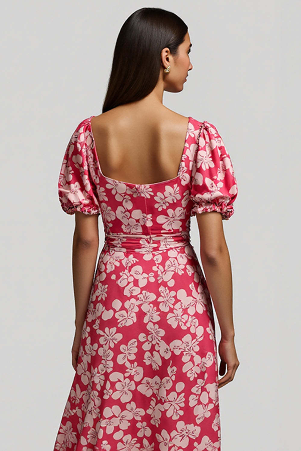 Red V-Neck A Line Maxi Floral Work Dress with Sleeves