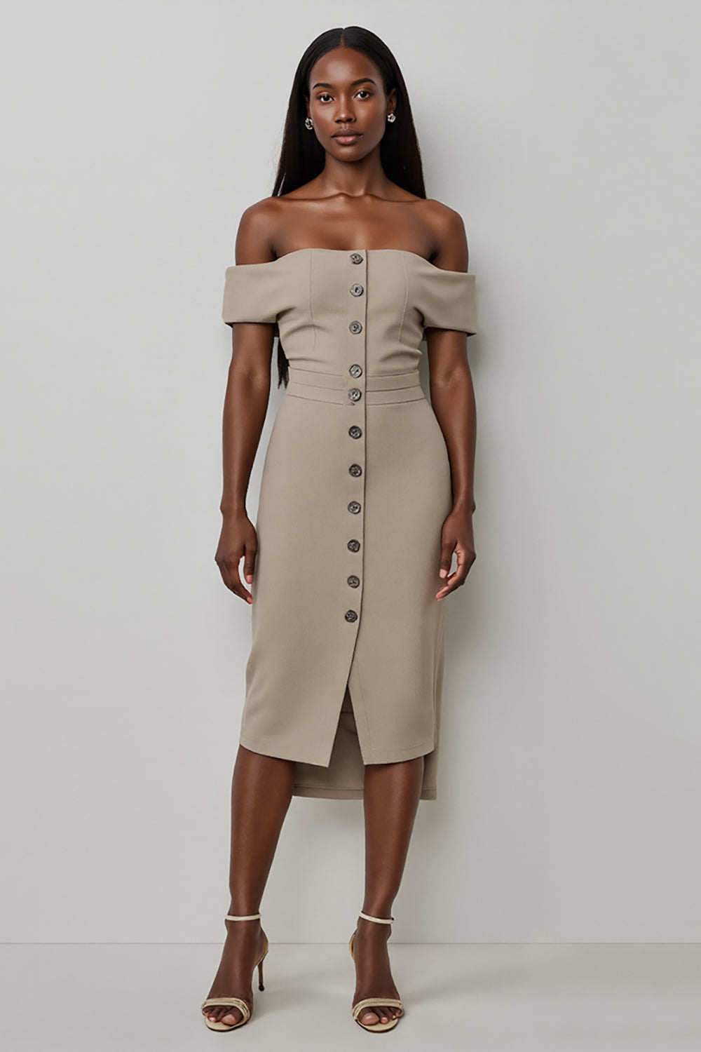Midi Khaki Satin Off the Shoulder Bodycon Work Dress with Buttons