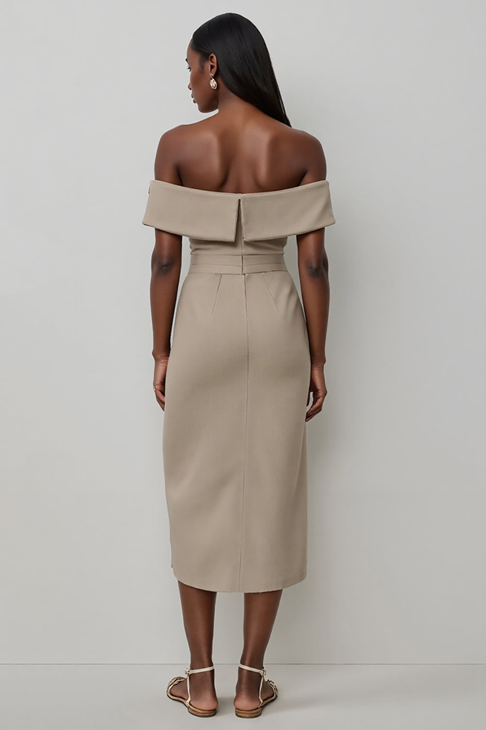 Midi Khaki Satin Off the Shoulder Bodycon Work Dress with Buttons