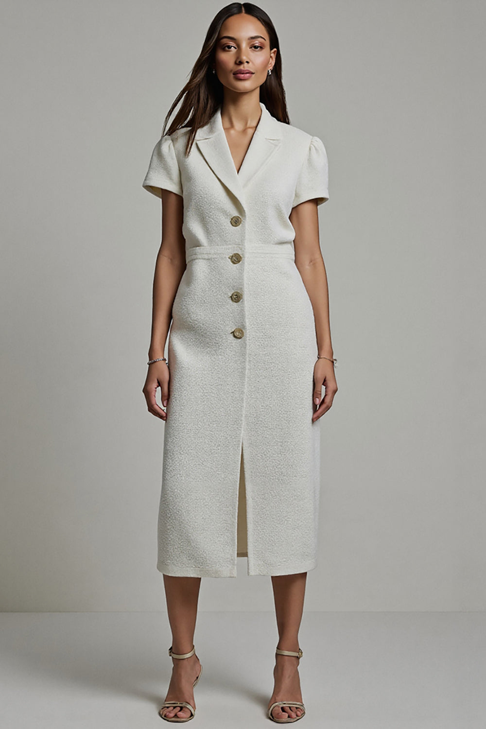 Midi White Notched Lapel Bodycon Blazer Dress with Sleeves