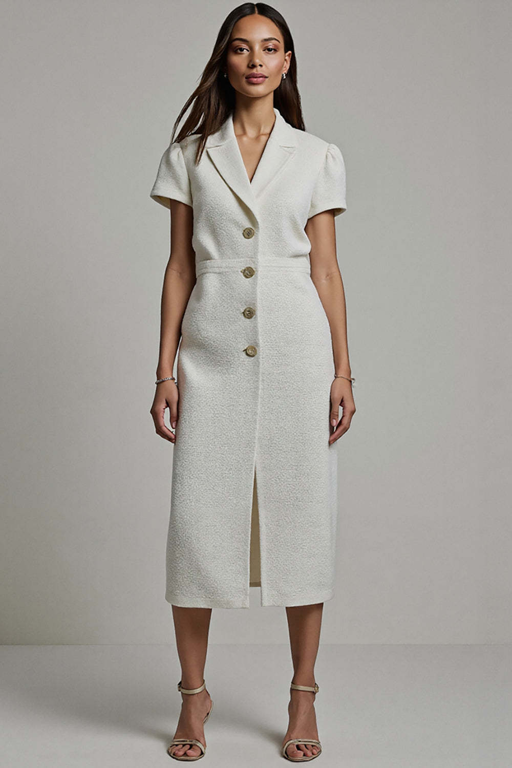 Leely Women White Bodycon Midi Blazer Dress Short Sleeves Notched Lapel Buttons Work Dress