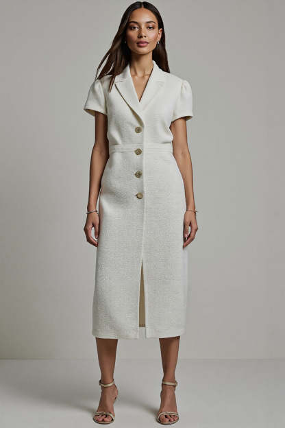 Leely Women White Bodycon Midi Blazer Dress Short Sleeves Notched Lapel Buttons Work Dress