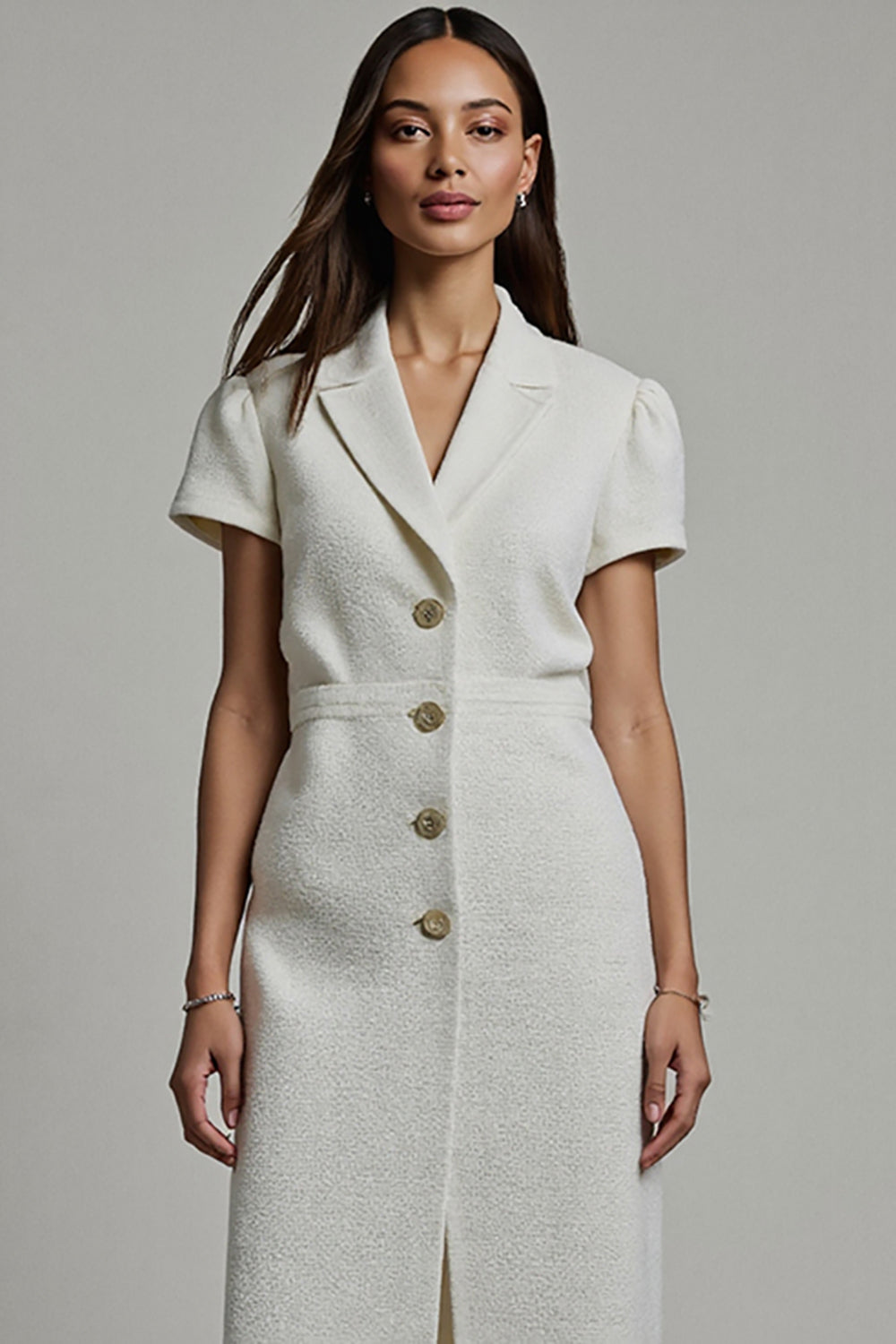 Midi White Notched Lapel Bodycon Blazer Dress with Sleeves