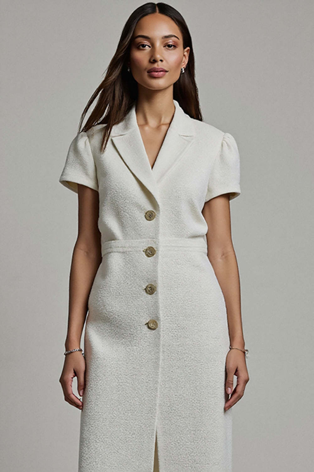 Midi White Notched Lapel Bodycon Blazer Dress with Sleeves