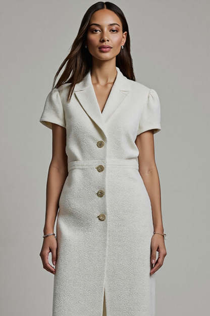 Midi White Notched Lapel Bodycon Blazer Dress with Sleeves