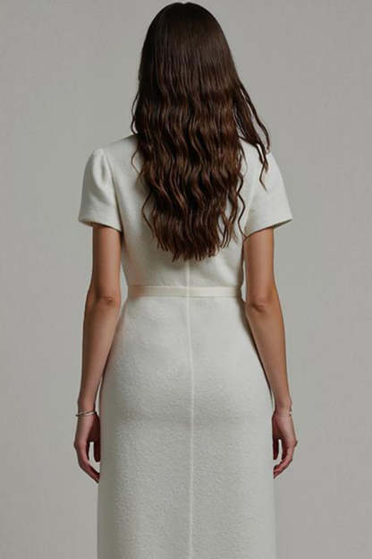 Midi White Notched Lapel Bodycon Blazer Dress with Sleeves