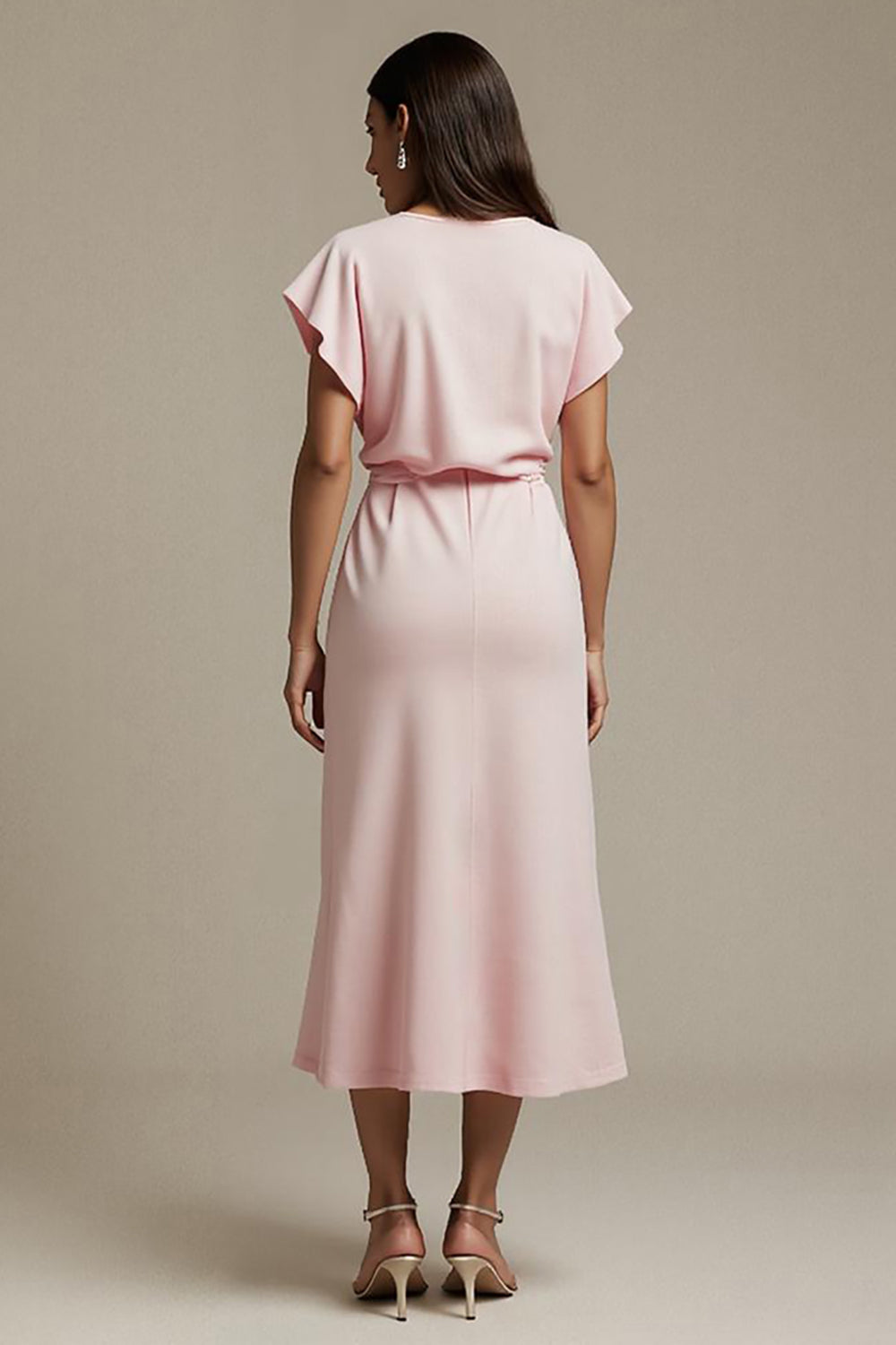 Maxi Pink Boat Neck Satin Ruched Work Dress with Sleeves