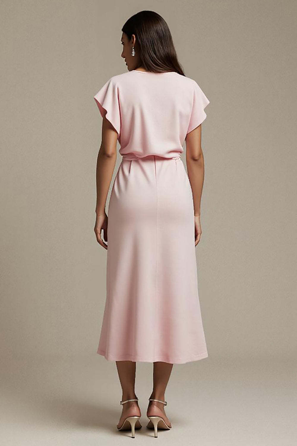 Maxi Pink Boat Neck Satin Ruched Work Dress with Sleeves