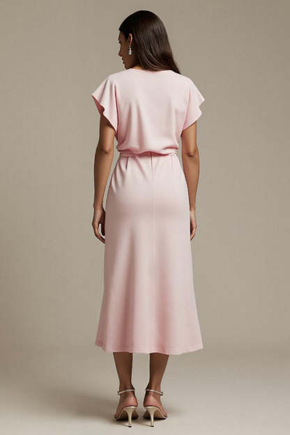 Maxi Pink Boat Neck Satin Ruched Work Dress with Sleeves