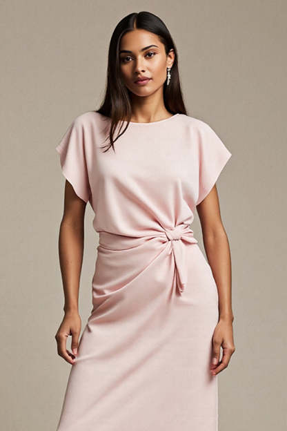 Maxi Pink Boat Neck Satin Ruched Work Dress with Sleeves