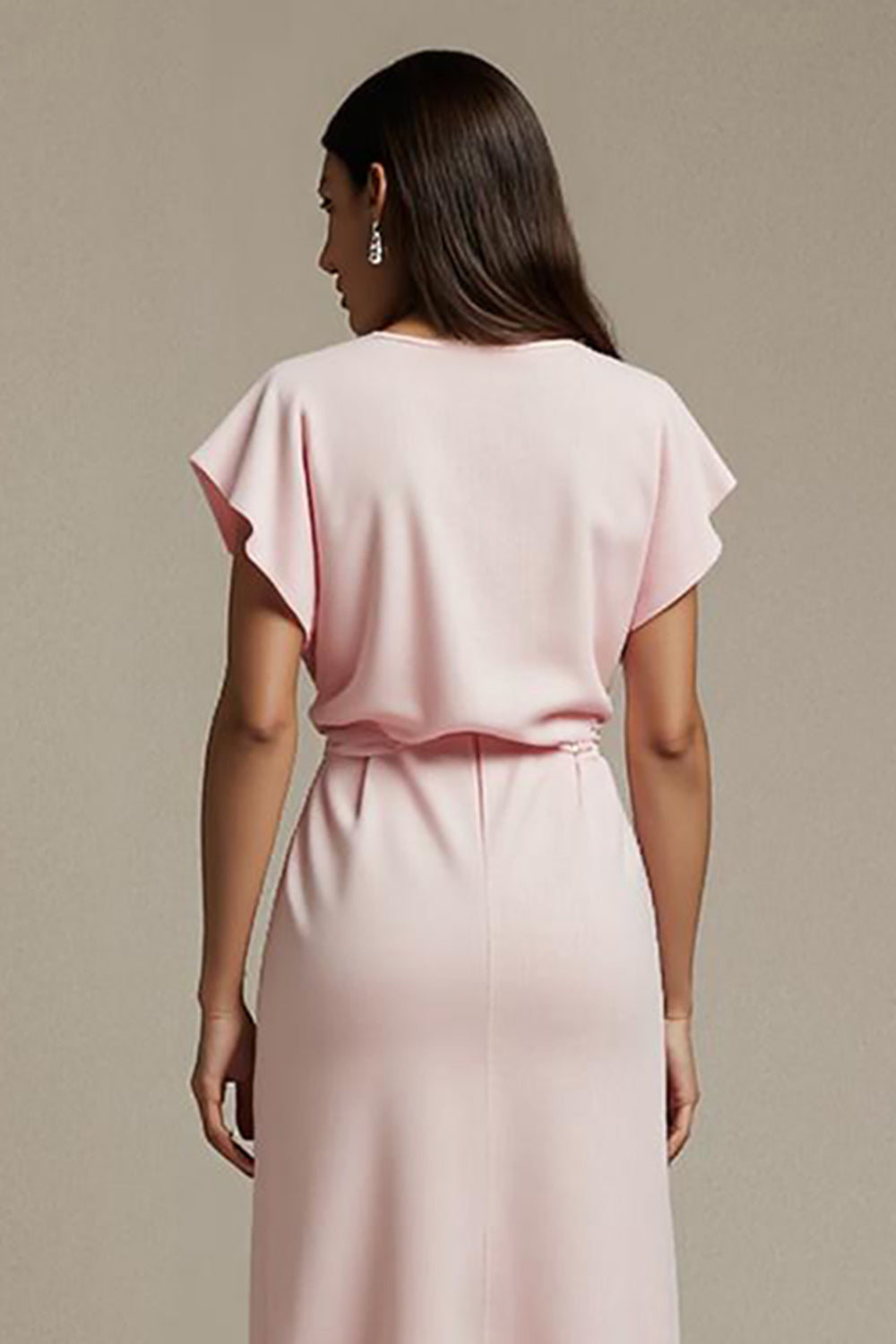 Maxi Pink Boat Neck Satin Ruched Work Dress with Sleeves