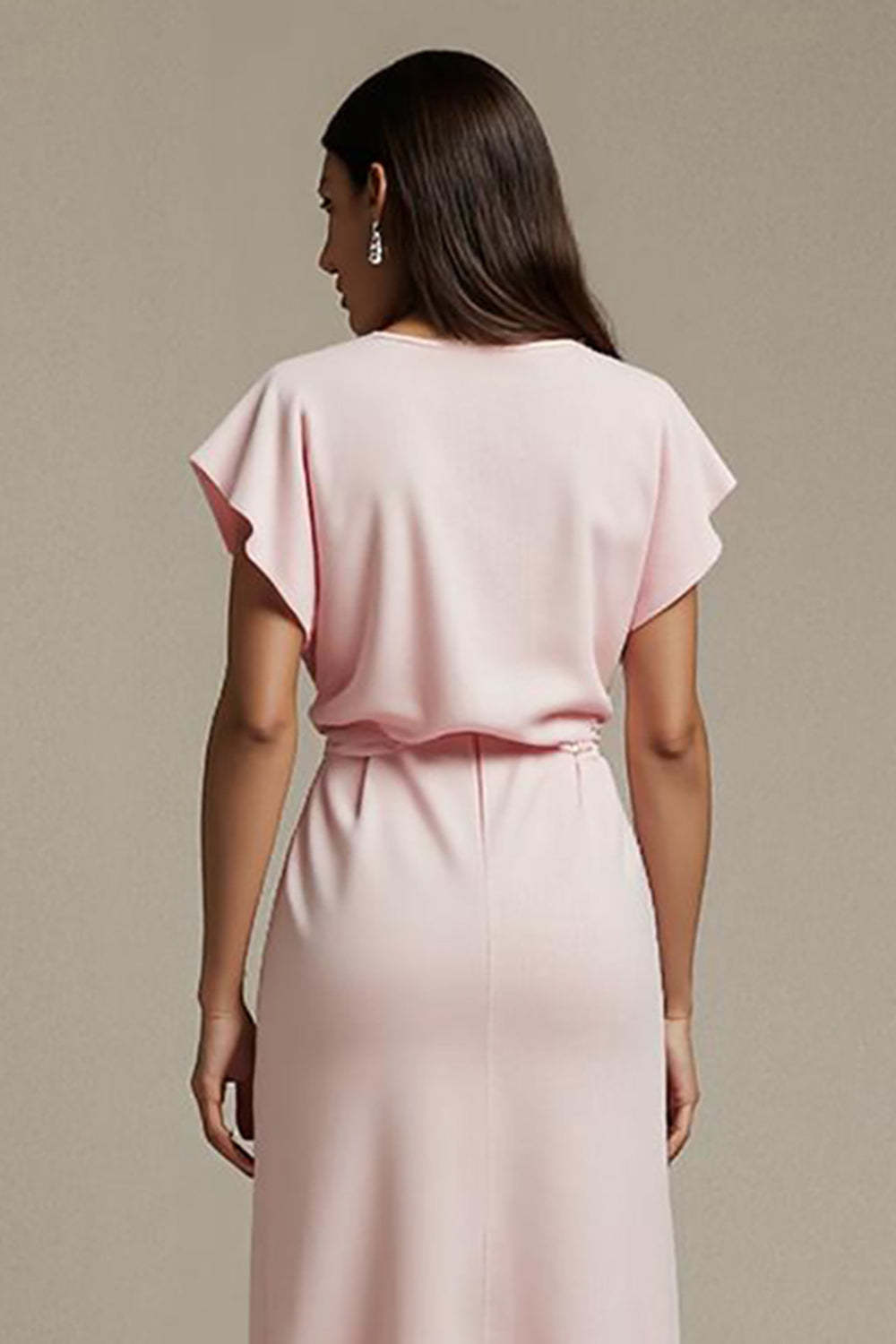 Maxi Pink Boat Neck Satin Ruched Work Dress with Sleeves