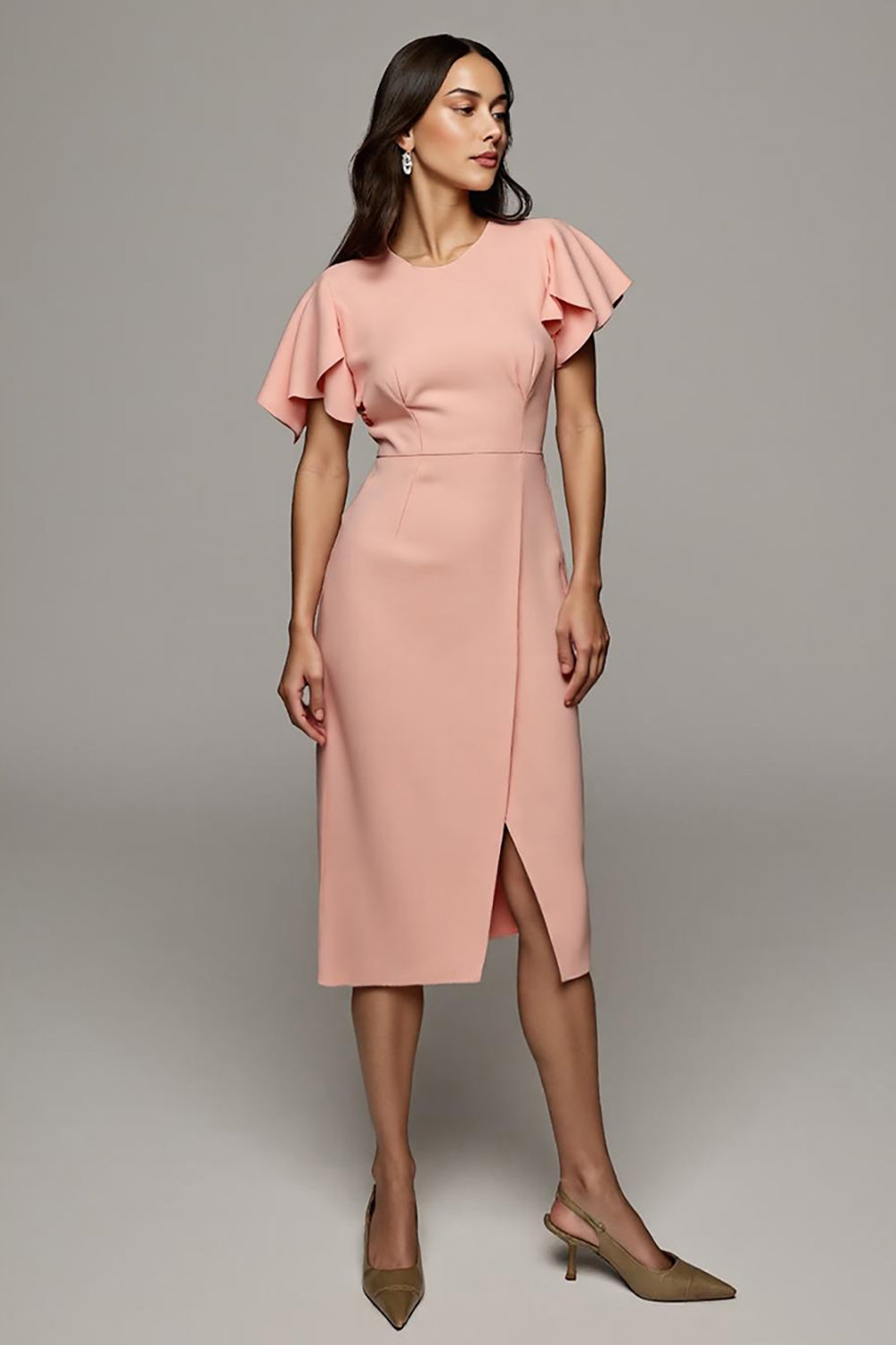 Orange Round Neck Pencil Midi Ruffled Work Dress with Slit