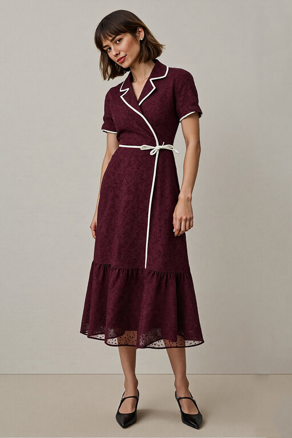 Burgundy A Line Notched Lapel Midi Work Dess with Sleeves