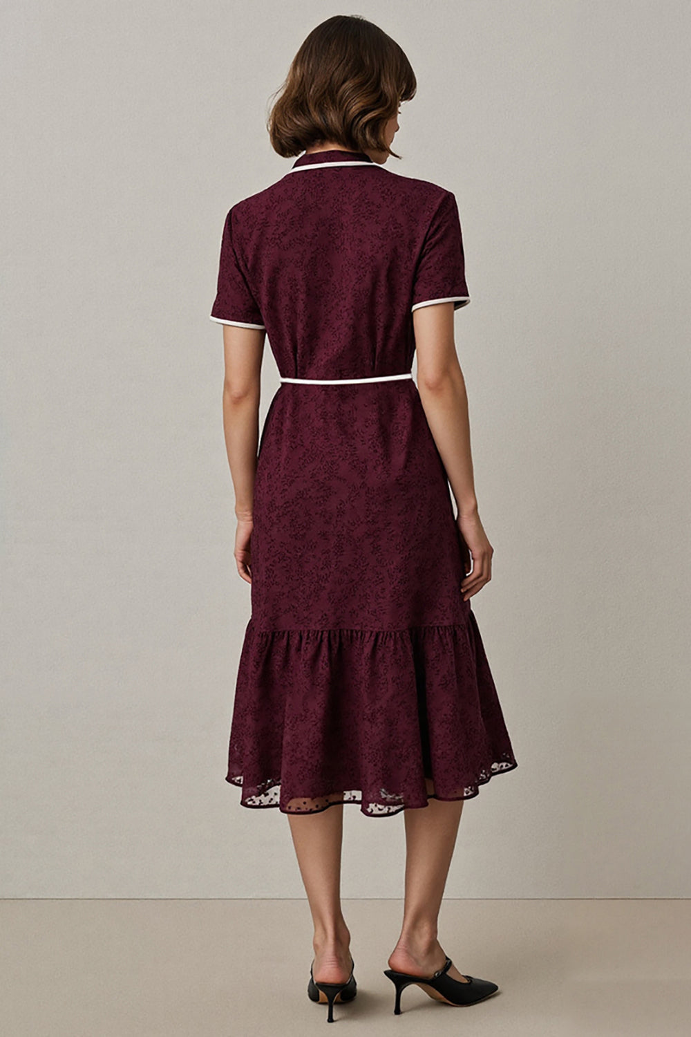 Burgundy A Line Notched Lapel Midi Work Dess with Sleeves