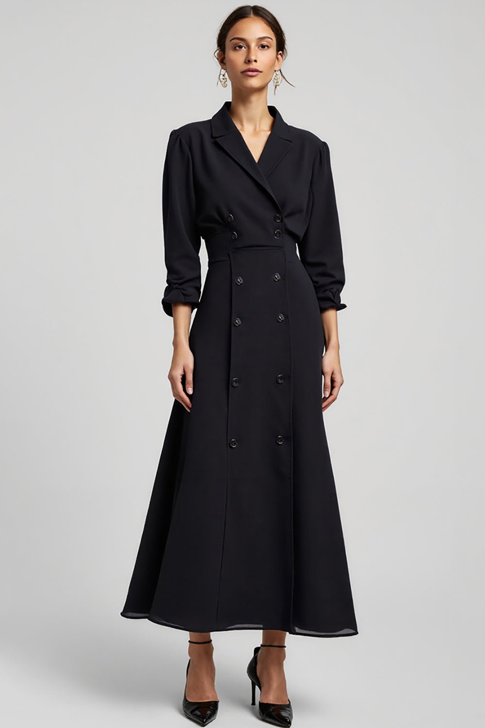 Navy Notched Lapel A Line Maxi Blazer Dress with Sleeves