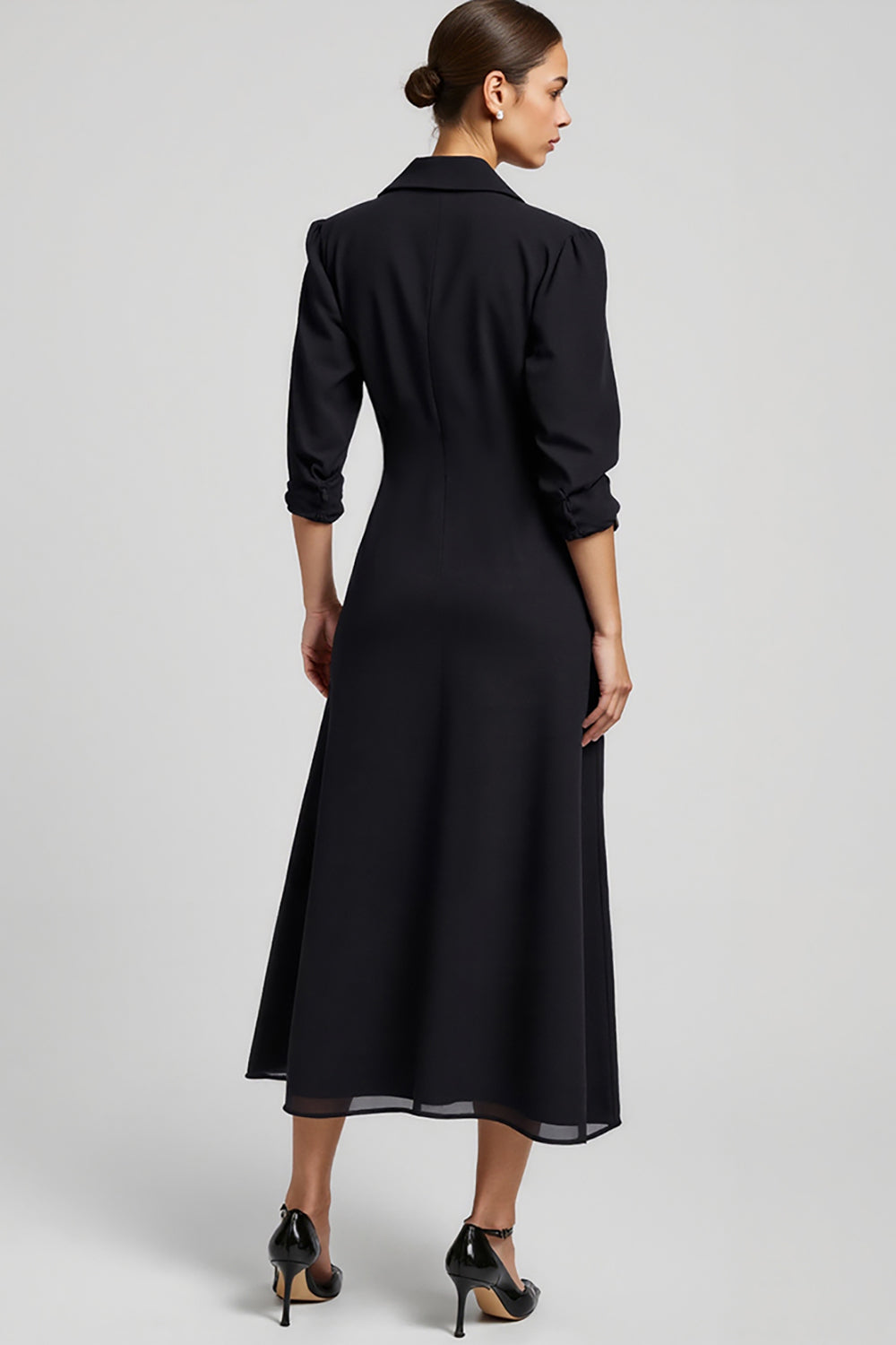 Navy Notched Lapel A Line Maxi Blazer Dress with Sleeves